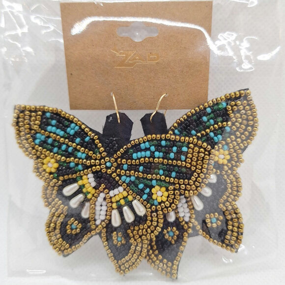 Embroidered Beaded Butterfly Earrings Black/Multi Fish Hook Ear Wires - Picture 1 of 4